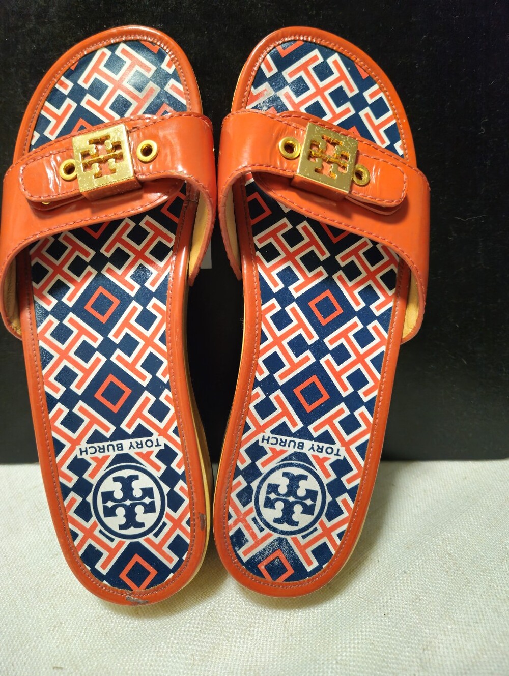 Tory Burch Vintage Orange Patent Leather Wooden Platform Clogs Slide Sandals 6.5 - Picture 6 of 16